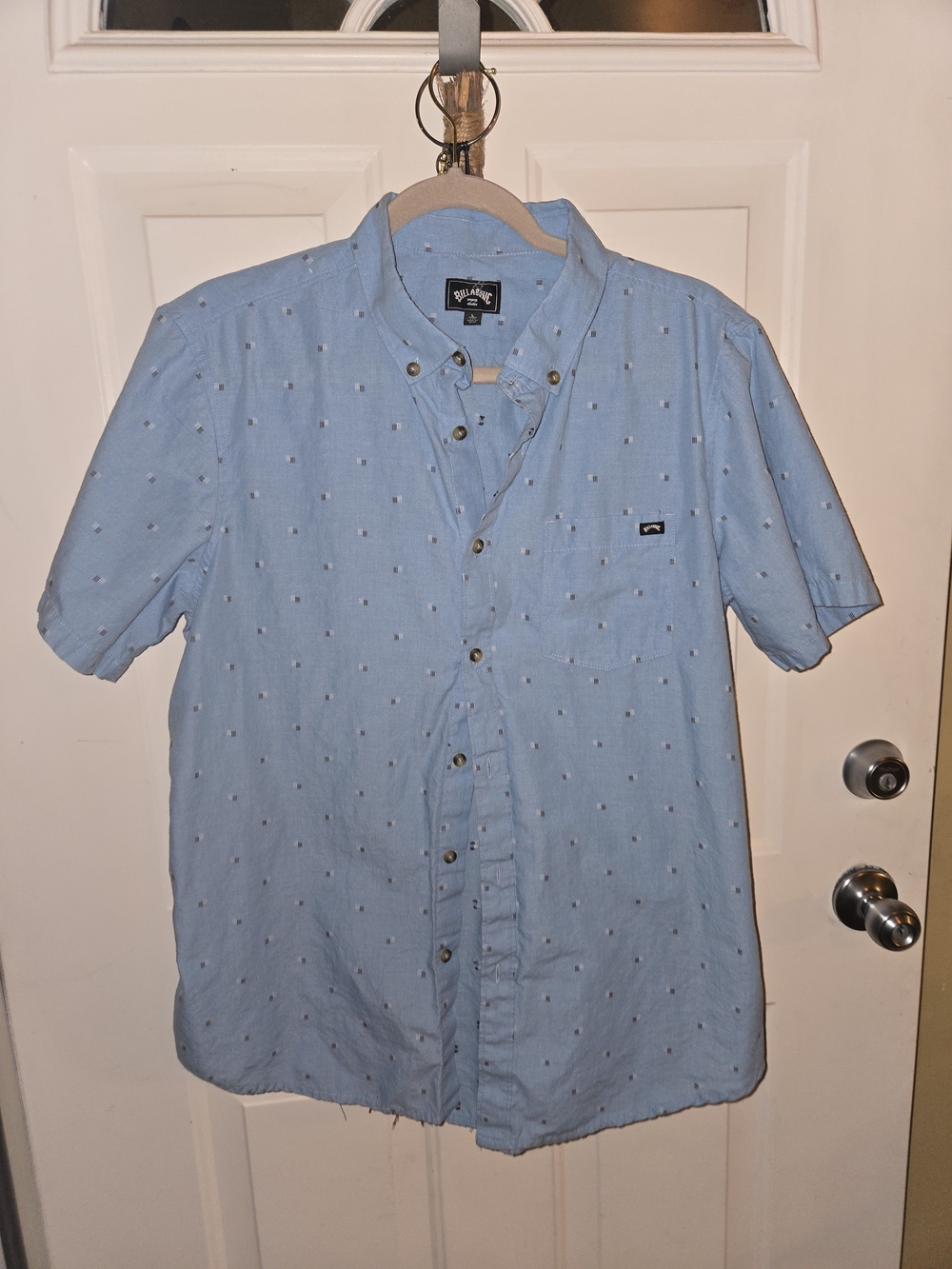 Billabong Light Blue Short-Sleeve Button-Down with Subtle Dot Print